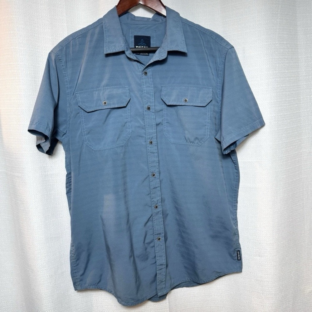 prAna Men's Hiking Shirt Large Blue Grid Button Down Short Sleeve Gorpcore Golf